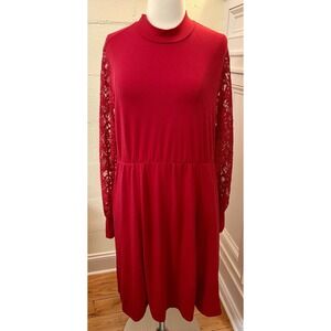 Torrid At The Knee‎ Jersey Lace Sleeve Mock Neck Skater Dress Red Size 1